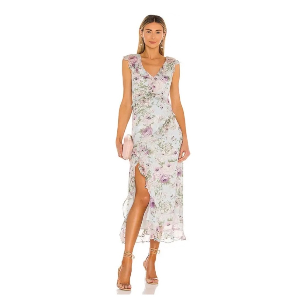 ASTR Women’s Tempest Floral Ruffle Midi Dress in Blue/Ivory-Lilac Floral Sz S